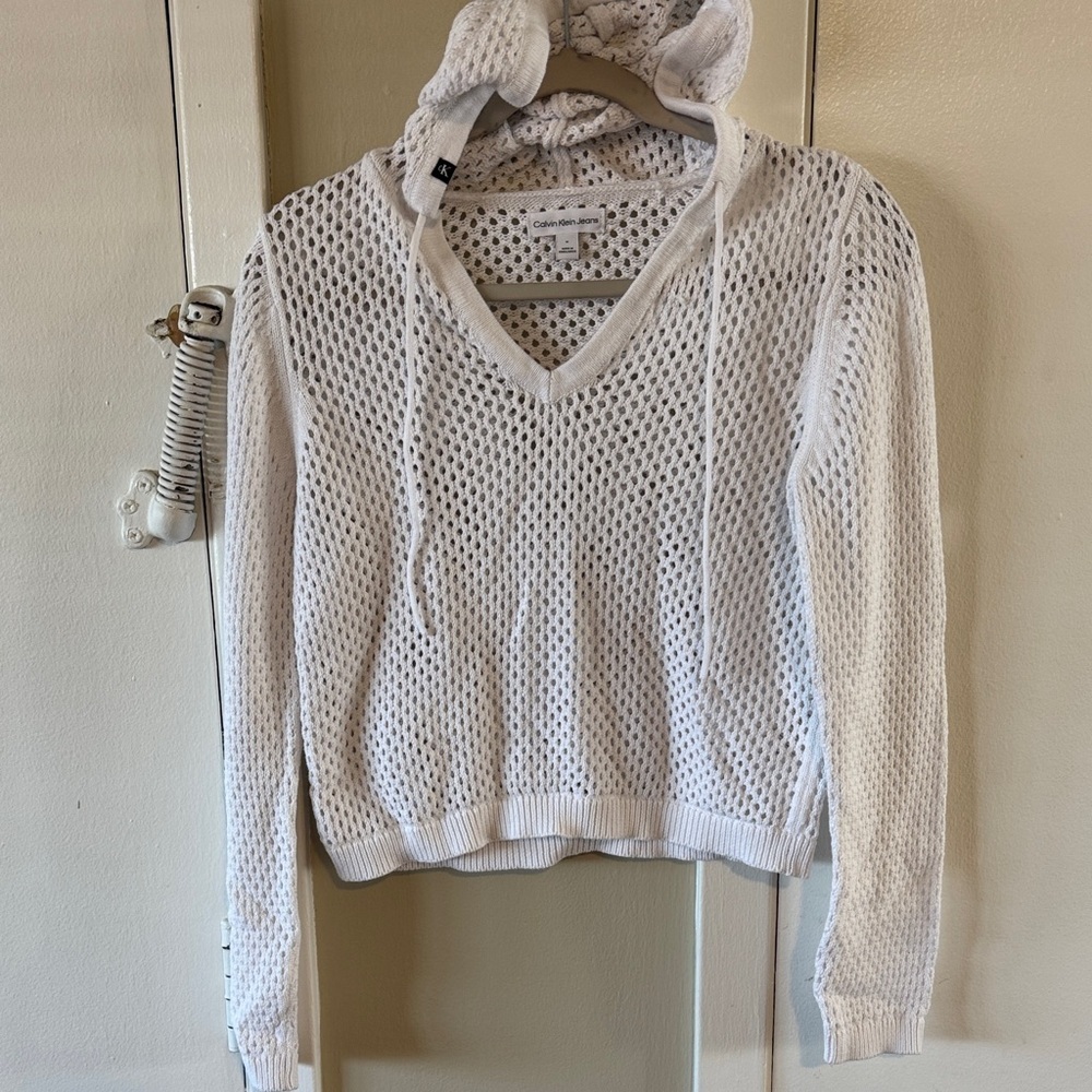 Calvin Klein Cream Open-Weave Hooded Pullover
